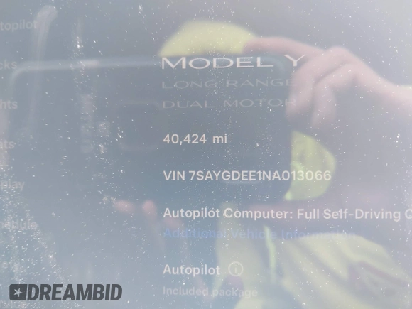 2022 Tesla Model Y Long Range with VIN 7SAYGDEE1NA013066, listed as a IAAI auction lot 41646912 with Not Provided miles and . Bid and sale history available at DreamBid. Image 15.