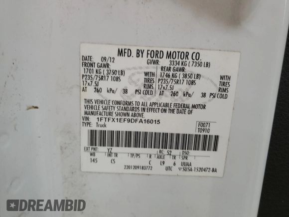 2013 Ford F-150 XL with VIN 1FTFX1EF9DFA16015, listed as a Copart auction lot 46990295 with 244,997 mi miles and Salvage Title. Bid and sale history available at carsss.com. Image 12.