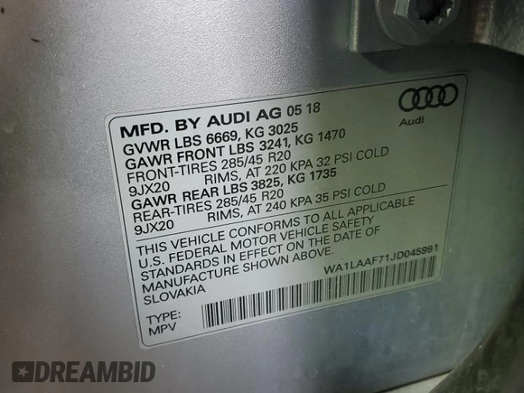 2018 Audi Q7 Premium Plus z VIN WA1LAAF71JD045991, wystawiony jako Copart lot #61437075 z przebiegiem 33 702 mil mil oraz Szkoda całkowita • Salvage title. Historia ofert i sprzedaży dostępna na DreamBid. Obrazek 13.
