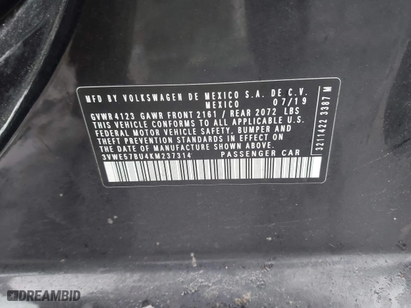 2019 Volkswagen Jetta SEL with VIN 3VWE57BU4KM237314, listed as a IAAI auction lot 41988419 with 64,012 mi miles. Bid and sale history available at carsss.com. Image 9.