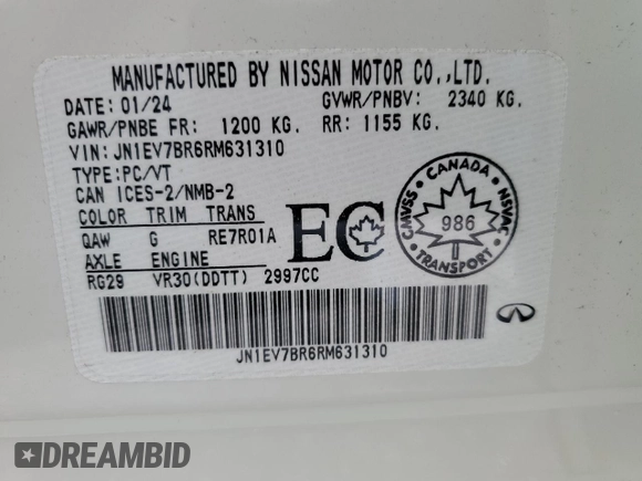 2024 Infiniti Q50 Luxe with VIN JN1EV7BR6RM631310, listed as a Copart auction lot 72183604 with Not Provided miles and Non Repairable. Bid and sale history available at DreamBid. Image 12.