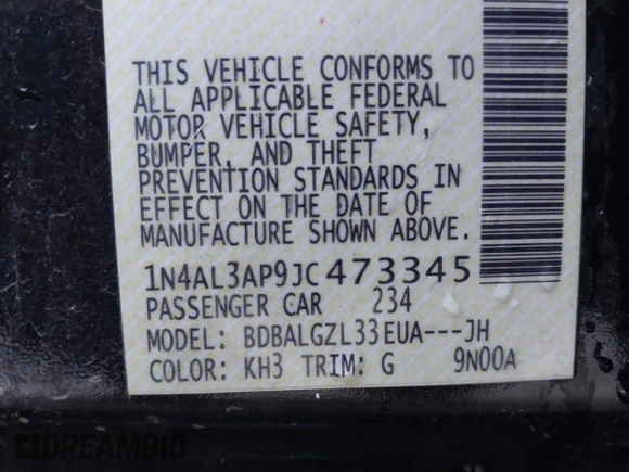 2018 Nissan Altima 2.5 S with VIN 1N4AL3AP9JC473345, listed as a IAAI auction lot 41803135 with 92,173 mi miles. Bid and sale history available at carsss.com. Image 9.