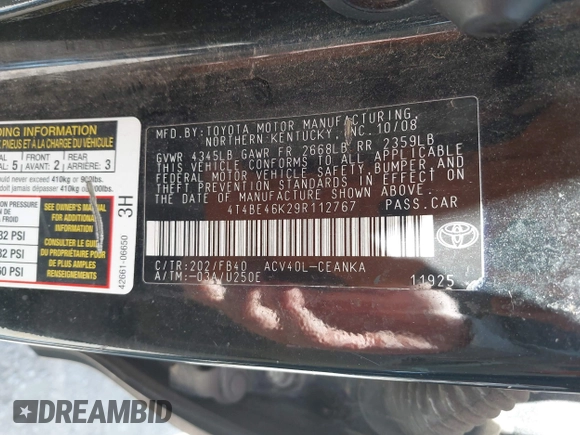 2009 Toyota Camry z VIN 4T4BE46K29R112767, wystawiony jako IAAI lot #42298934 z przebiegiem 162 970 mil mil oraz . Historia ofert i sprzedaży dostępna na DreamBid. Obrazek 9.