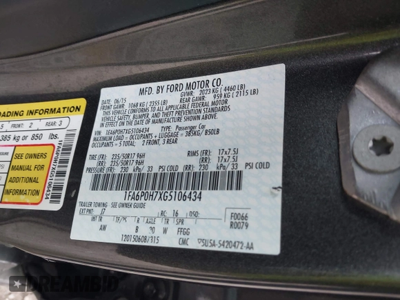 2016 Ford Fusion SE with VIN 1FA6P0H7XG5106434, listed as a IAAI auction lot 42027291 with 98,813 mi miles and . Bid and sale history available at DreamBid. Image 9.