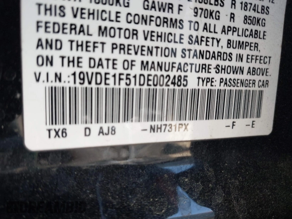 2013 Acura ILX Premium Pkg with VIN 19VDE1F51DE002485, listed as a IAAI auction lot 41897422 with 234,597 mi miles. Bid and sale history available at carsss.com. Image 9.