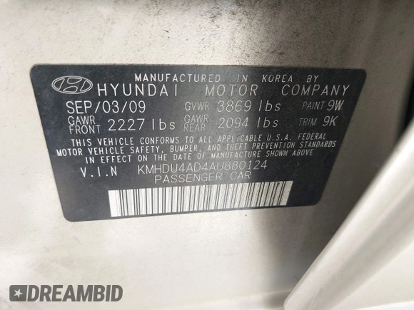 2010 Hyundai Elantra GLS with VIN KMHDU4AD4AU880124, listed as a IAAI auction lot 42510269 with 135,827 mi miles and . Bid and sale history available at DreamBid. Image 9.