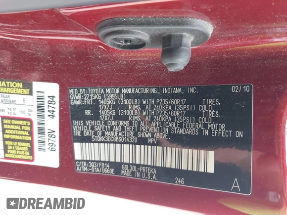 2011 Toyota Sienna LE AAS with VIN 5TDKK3DC8BS014320, listed as a IAAI auction lot 41587522 with 89,185 mi miles. Bid and sale history available at carsss.com. Image 9.
