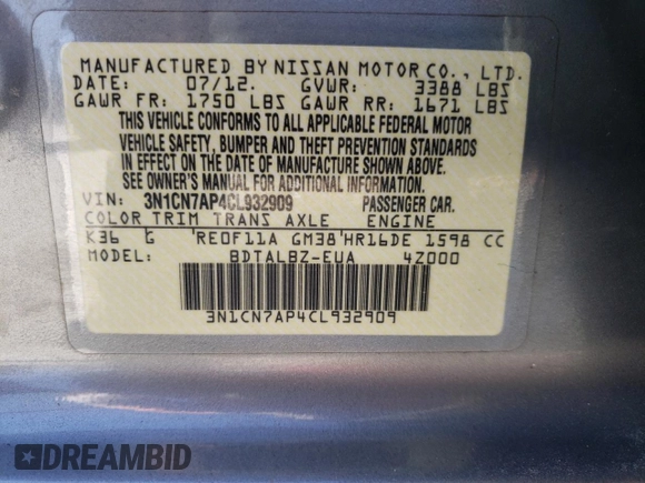 2012 Nissan Versa SV with VIN 3N1CN7AP4CL932909, listed as a Copart auction lot 75468664 with 197,633 mi miles and Salvage Title. Bid and sale history available at carsss.com. Image 13.