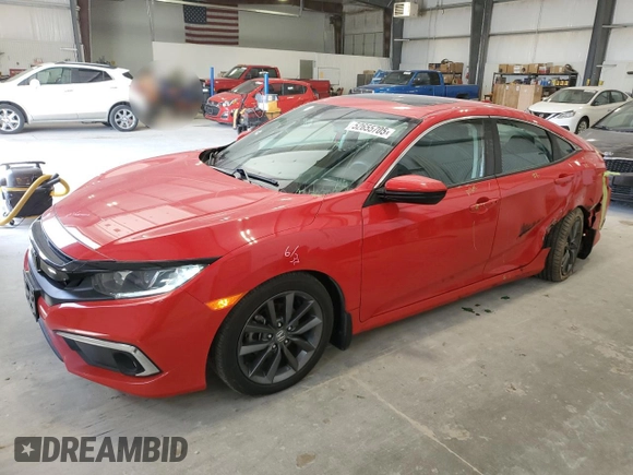 2020 Honda Civic Sedan EX with VIN 2HGFC1F38LH682345, listed as a Copart auction lot 52655705 with 52,556 mi miles and Salvage Title. Bid and sale history available at carsss.com. Image 1.