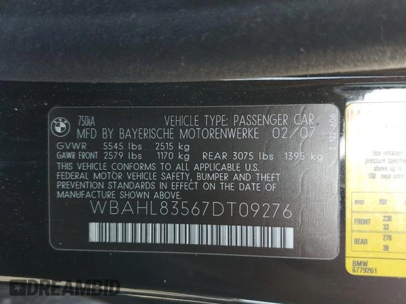 2007 BMW 7 Series 750i z VIN WBAHL83567DT09276, wystawiony jako Copart lot #51868895 z przebiegiem 150 744 mil mil oraz Czysty tytuł • Clean title. Historia ofert i sprzedaży dostępna na DreamBid. Obrazek 12.