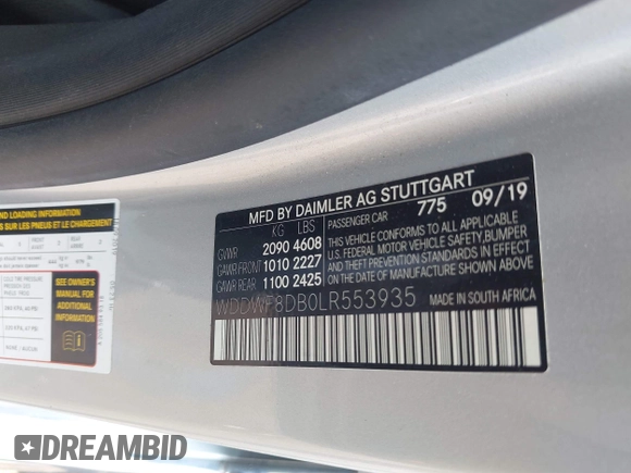 2020 Mercedes-Benz C 300 with VIN WDDWF8DB0LR553935, listed as a IAAI auction lot 42310890 with 96,266 mi miles and . Bid and sale history available at DreamBid. Image 9.