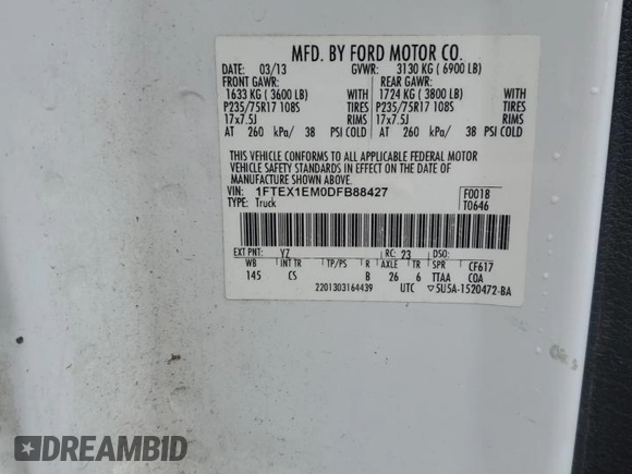 2013 Ford F-150 XL with VIN 1FTEX1EM0DFB88427, listed as a Copart auction lot 61206235 with 196,311 mi miles and Salvage title. Bid and sale history available at DreamBid. Image 12.