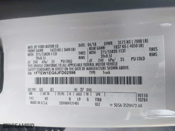 2018 Ford F-150 XL with VIN 1FTEW1EG6JFD02598, listed as a IAAI auction lot 41482870 with 1 mi miles. Bid and sale history available at carsss.com. Image 9.