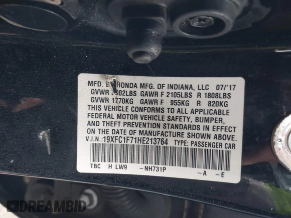 2017 Honda Civic Sedan EX-L with VIN 19XFC1F71HE213764, listed as a IAAI auction lot 41843279 with 49,748 mi miles. Bid and sale history available at carsss.com. Image 9.