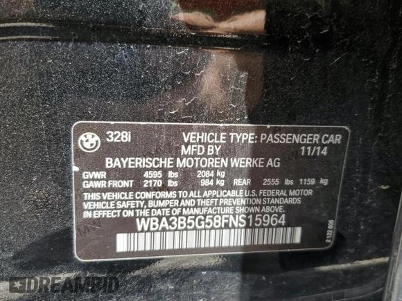 2015 BMW 3 Series 328i xDrive with VIN WBA3B5G58FNS15964, listed as a Copart auction lot 61783435 with 149,974 mi miles and Salvage title. Bid and sale history available at DreamBid. Image 12.