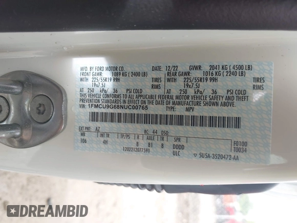 2022 Ford Escape SE with VIN 1FMCU9G68NUC00765, listed as a IAAI auction lot 42521669 with 8,125 mi miles and . Bid and sale history available at DreamBid. Image 9.