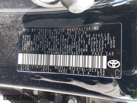 2024 Toyota Corolla LE with VIN 5YFB4MDE8RP194872, listed as a IAAI auction lot 41650580 with 6,312 mi miles. Bid and sale history available at carsss.com. Image 9.