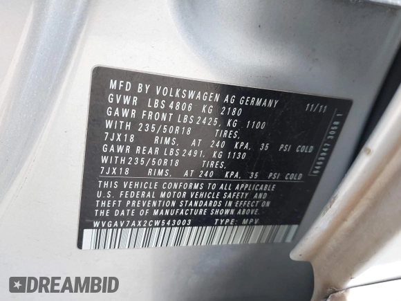 2012 Volkswagen Tiguan SE with VIN WVGAV7AX2CW543003, listed as a IAAI auction lot 41803970 with 187,639 mi miles and . Bid and sale history available at DreamBid. Image 9.