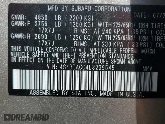 2020 Subaru Outback Premium with VIN 4S4BTACC4L3239545, listed as a Copart auction lot 56950495 with Not provided miles and Salvage title. Bid and sale history available at DreamBid. Image 14.