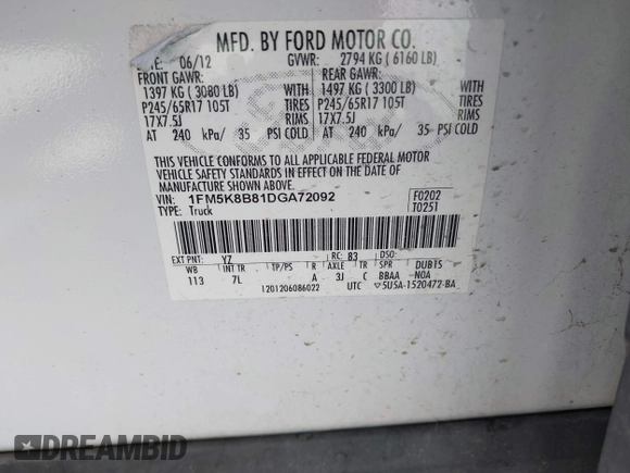 2013 Ford Explorer with VIN 1FM5K8B81DGA72092, listed as a IAAI auction lot 42044880 with Not Provided miles and . Bid and sale history available at carsss.com. Image 9.