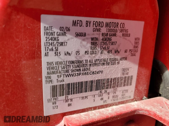 2006 Ford F-350 XL with VIN 1FTWW33PX6EC82470, listed as a Copart auction lot 55348805 with 154,953 mi miles and Salvage Title. Bid and sale history available at DreamBid. Image 13.