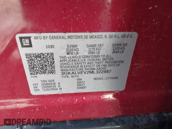 2021 GMC Terrain SLT with VIN 3GKALVEV2ML322987, listed as a IAAI auction lot 41661019 with 62,944 mi miles and . Bid and sale history available at carsss.com. Image 9.