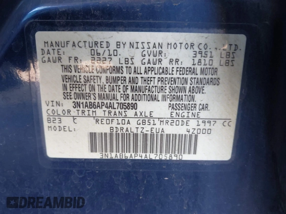 2010 Nissan Sentra SR with VIN 3N1AB6AP4AL705890, listed as a IAAI auction lot 42018926 with 204,740 mi miles and . Bid and sale history available at DreamBid. Image 9.