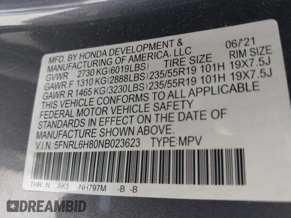 2022 Honda Odyssey Touring with VIN 5FNRL6H80NB023623, listed as a IAAI auction lot 41512586 with 63,329 mi miles and . Bid and sale history available at DreamBid. Image 9.