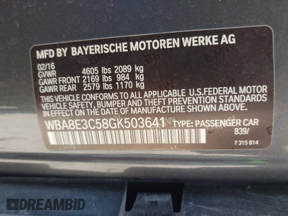 2016 BMW 3 Series 328i xDrive z VIN WBA8E3C58GK503641, wystawiony jako IAAI lot #42282926 z przebiegiem 130 039 mil mil oraz . Historia ofert i sprzedaży dostępna na DreamBid. Obrazek 9.