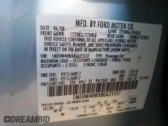 2008 Mercury Sable с VIN 1MEHM40WX8G625557, выставлен на аукционе Copart как лот 76892644 с пробегом Не указан миль и Списание • Salvage title. История ставок и продаж доступна на DreamBid. Изображение 13.