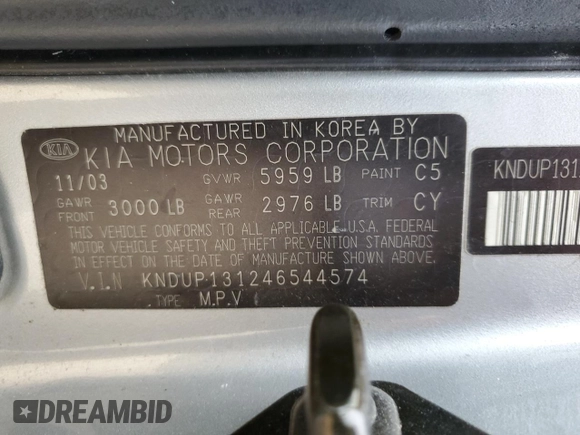 2004 Kia Sedona LX with VIN KNDUP131246544574, listed as a Copart auction lot 87650855 with 85,972 mi miles and Salvage Title. Bid and sale history available at carsss.com. Image 13.