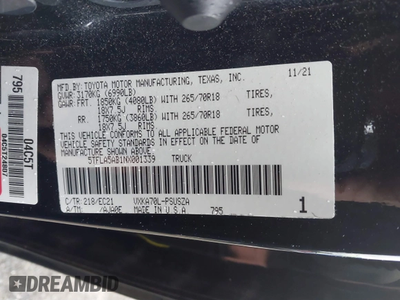2022 Toyota Tundra 2WD SR5 with VIN 5TFLA5AB1NX001339, listed as a IAAI auction lot 40515694 with 47,644 mi miles. Bid and sale history available at carsss.com. Image 9.