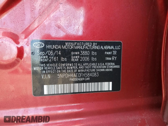 2015 Hyundai Elantra SE z VIN 5NPDH4AE0FH584083, wystawiony jako Copart lot #48060525 z przebiegiem 83 985 mil mil oraz Szkody całkowita. Historia ofert i sprzedaży dostępna na DreamBid. Obrazek 14.