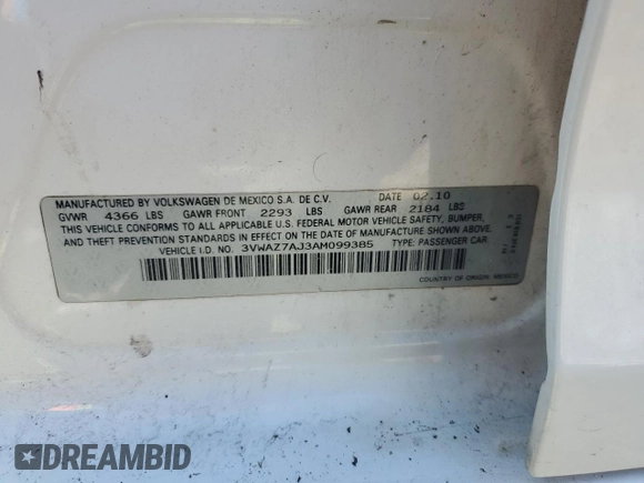 2010 Volkswagen Jetta Limited Edition with VIN 3VWAZ7AJ3AM099385, listed as a Copart auction lot 49352035 with 179,542 mi miles and Salvage title. Bid and sale history available at DreamBid. Image 13.