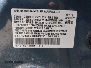 2020 Honda Pilot EX z VIN 5FNYF6H39LB024192, wystawiony jako IAAI lot #41787496 z przebiegiem 72 188 mil mil oraz . Historia ofert i sprzedaży dostępna na DreamBid. Obrazek 9.