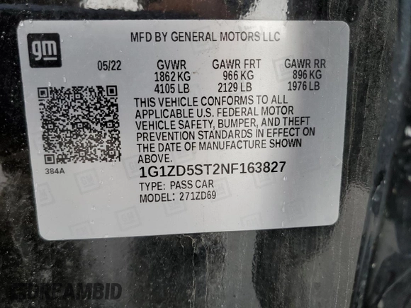 2022 Chevrolet Malibu LT with VIN 1G1ZD5ST2NF163827, listed as a Copart auction lot 55413545 with 43,848 mi miles and Non Repairable. Bid and sale history available at DreamBid. Image 12.