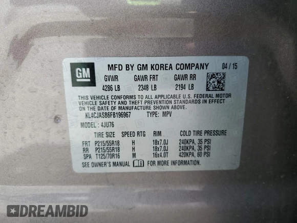 2015 Buick Encore with VIN KL4CJASB6FB196967, listed as a Copart auction lot 53283565 with 97,818 mi miles and Salvage Title. Bid and sale history available at carsss.com. Image 14.