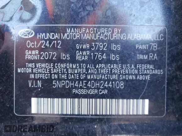 2013 Hyundai Elantra GLS z VIN 5NPDH4AE4DH244108, wystawiony jako Copart lot #45699735 z przebiegiem 161 418 mil mil oraz Szkoda całkowita • Salvage title. Historia ofert i sprzedaży dostępna na DreamBid. Obrazek 12.