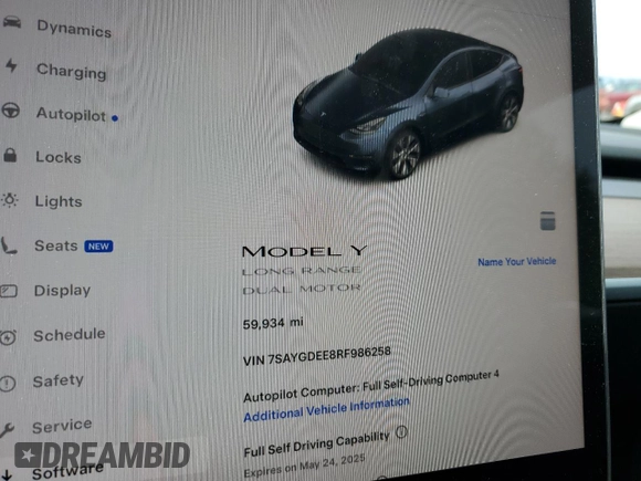 2024 Tesla Model Y Long Range z VIN 7SAYGDEE8RF986258, wystawiony jako Copart lot #58434275 z przebiegiem 59 934 mil mil oraz Szkoda całkowita • Salvage title. Historia ofert i sprzedaży dostępna na DreamBid. Obrazek 9.