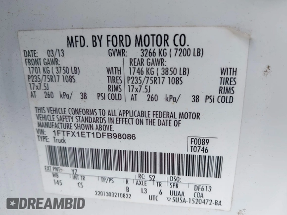 2013 Ford F-150 XL with VIN 1FTFX1ET1DFB98086, listed as a IAAI auction lot 41215419 with 158,296 mi miles and . Bid and sale history available at DreamBid. Image 9.