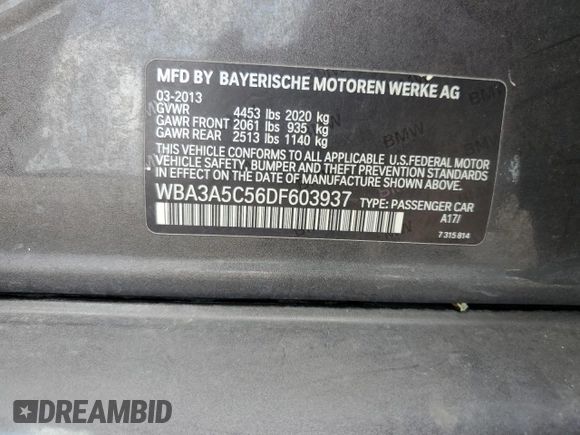 2013 BMW 3 Series 328i with VIN WBA3A5C56DF603937, listed as a Copart auction lot 60275605 with 75,549 mi miles and Salvage title. Bid and sale history available at DreamBid. Image 12.