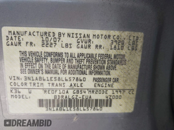 2008 Nissan Sentra S with VIN 3N1AB61E58L657860, listed as a IAAI auction lot 42227039 with 191,426 mi miles and . Bid and sale history available at DreamBid. Image 9.