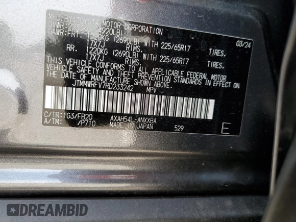2024 Toyota RAV4 Hybrid LE with VIN JTMMWRFV7RD233242, listed as a Copart auction lot 60878815 with 11,064 mi miles and Salvage title. Bid and sale history available at DreamBid. Image 13.