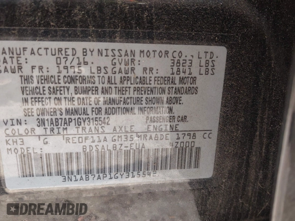 2016 Nissan Sentra SV with VIN 3N1AB7AP1GY315542, listed as a IAAI auction lot 41208517 with 32,158 mi miles and . Bid and sale history available at DreamBid. Image 9.