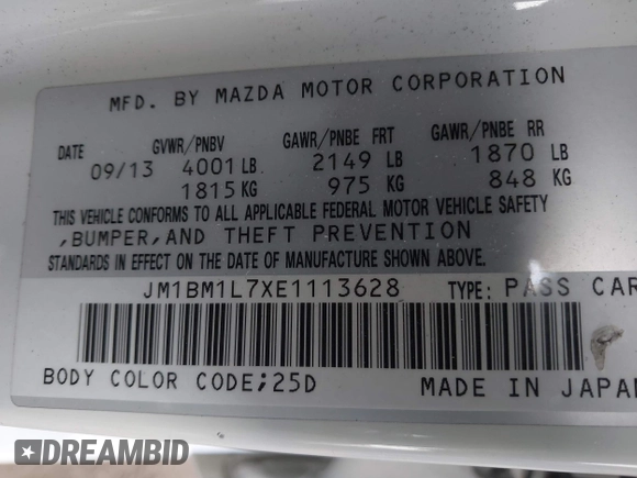 2014 Mazda Mazda3 i Touring with VIN JM1BM1L7XE1113628, listed as a IAAI auction lot 41218193 with 166,469 mi miles. Bid and sale history available at carsss.com. Image 9.