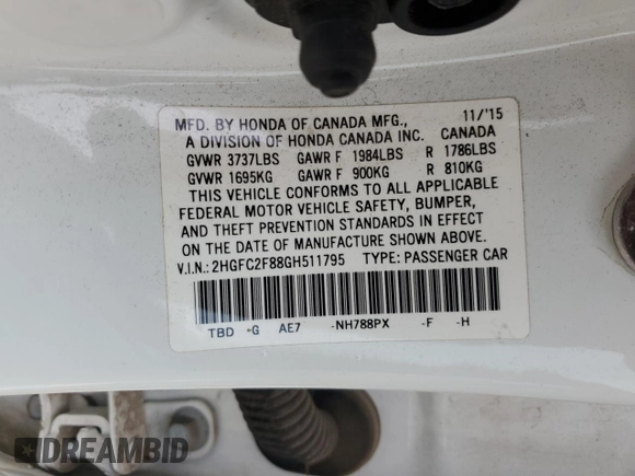 2016 Honda Civic Sedan EX with VIN 2HGFC2F88GH511795, listed as a Copart auction lot 51605205 with 124,450 mi miles and Clean Title. Bid and sale history available at carsss.com. Image 12.
