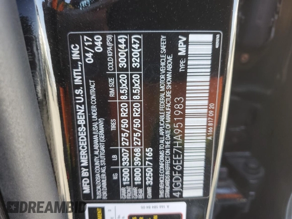 2017 Mercedes-Benz GLS 450 с VIN 4JGDF6EE7HA951983, выставлен на аукционе Copart как лот 59276145 с пробегом 111 611 миль миль и Списание • Salvage title. История ставок и продаж доступна на DreamBid. Изображение 13.