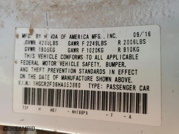 2017 Honda Accord Sedan LX with VIN 1HGCR2F36HA053860, listed as a Copart auction lot 47611805 with 154,836 mi miles and Salvage Title. Bid and sale history available at carsss.com. Image 12.