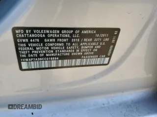 2012 Volkswagen Passat S with VIN 1VWAP7A39CC018594, listed as a Copart auction lot 54530385 with 232,311 mi miles and Salvage title. Bid and sale history available at DreamBid. Image 12.