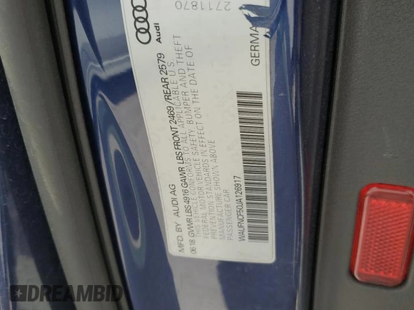 2018 Audi A5 Sportback Prestige with VIN WAUFNCF50JA126917, listed as a Copart auction lot 49003414 with 133,405 mi miles. Bid and sale history available at carsss.com. Image 12.